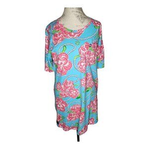 Simply Southern Dress Women XL Mini Blue Pink Floral Short Sleeve Cover Up